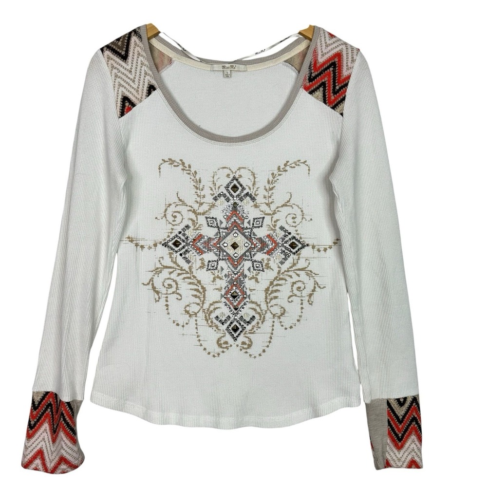 Miss Me Womens L Thermal Top Embellished Cross Rhinestone Lace Y2K Western